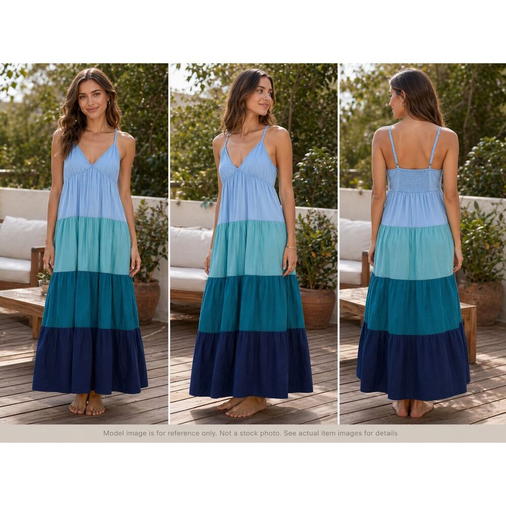 A.N.A A New Approach Blue Colorblock Tiered Maxi Dress Size L